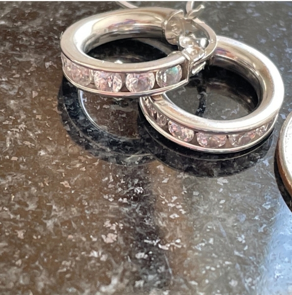 Solid 14KT White Gold & White Sapphire Hoop Earrings - Picture 3 of 14